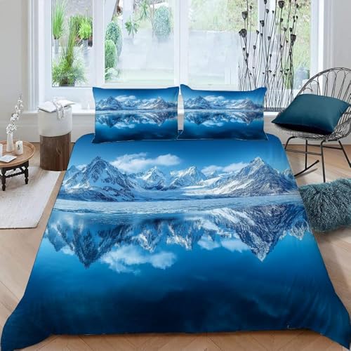 Schneebedeckter Berg Bettwäsche 155x200 cm Berge und Seen Bettwäsche-Sets Superweich Mikrofaser 3 Teilig Haben 1 Bettbezug und 2 Kissenbezüge 80×80cm mit Reißverschluss B.837 von Generic