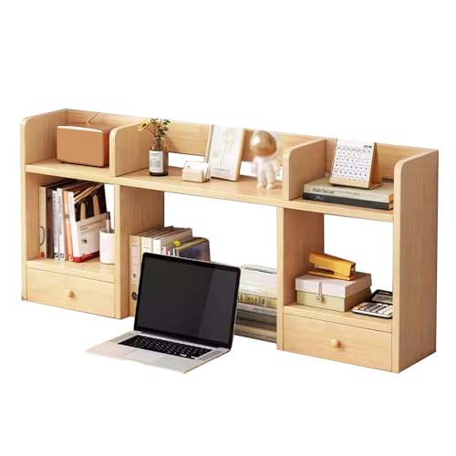 Schreibtischregal Organizer aus Holz, 2 Tier Schreibtischregal Tischregal mit Zwei Schubladen, Desk Shelf Holz for Home Office Dorm(Natural,80X16X52) von Generic