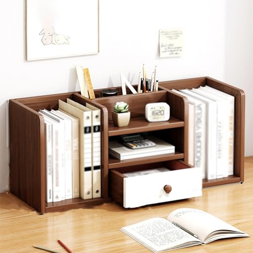 Schreibtischregal mit Schubladen, Schreibtisch Aufsatz Organizer, Bücherregal Schreibtisch Organizer Bücher Halter Aus für Regal Büro Wohnzimmer (Color : Walnut Color) von Generic