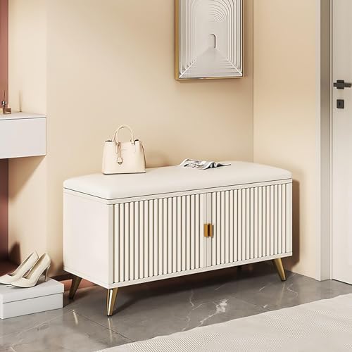 Schuhaufbewahrung, Bank mit Sitzkissen, Aufbewahrungsbank for den Eingangsbereich mit 2 Türen und verstellbaren Regalen, versteckter Organizer for den Eingangsbereich(White Gold,60cm) von Generic