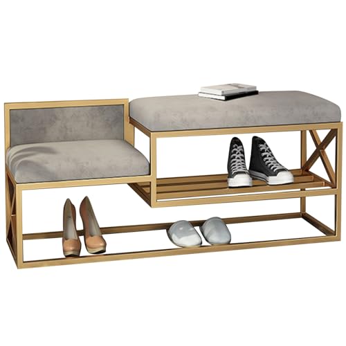 Schuhbank mit Sitzfläche Metallrahmen Polsterbank mit Hohe und Niedrige Sitze Schuhregal mit Sitzbank Vielseitig für Erwachsene, Familie und Haustiere(Gold Left,31.49in/80cm) von Generic