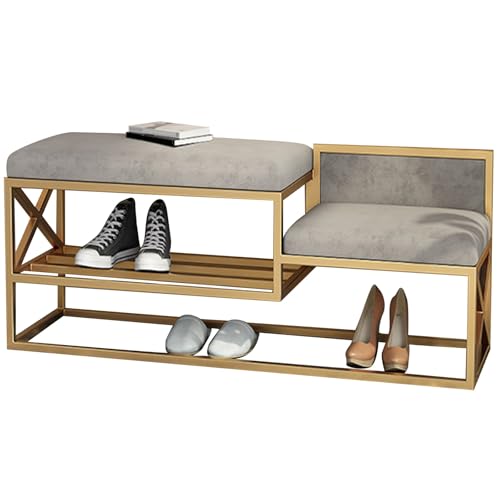 Schuhbank mit Sitzfläche Metallrahmen Polsterbank mit Hohe und Niedrige Sitze Schuhregal mit Sitzbank Vielseitig für Erwachsene, Familie und Haustiere(Gold Right,31.49in/80cm) von Generic