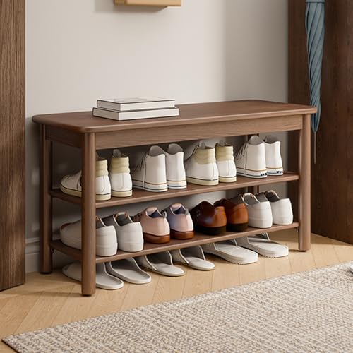 Schuhbank mit Sitzfläche Stabile Massivholzstruktur Einfache Schuhbank mit 2 Ebenen Verstellbare Regale für Eingangsbereich, Schlafzimmer, Wohnzimmer, Flur(60cm/23.6in) von Generic
