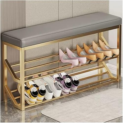 Schuhregal Bank 2-stöckige Schuhaufbewahrung Mit Sitz Industrielle Eingangsbank Metall Aufbewahrungsregale Organizer Eingangsbank Schuhständer Für Eingangshalle, Gold+Gray, 80 * 20 * 48cm von Generic