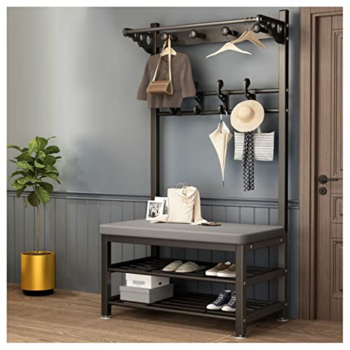 Schuhregalhocker, Garderobenständer für den Eingangsbereich mit Schuhbank und Kissen, Garderobenständer mit Stahlrahmen, für den Flur, das Foyer, 4-in-1-Design (Schwarz, 60 x 33 x 172 cm) von Generic
