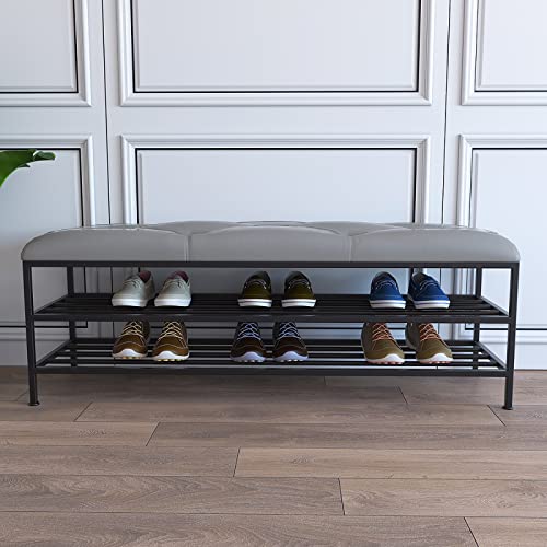 Schuhregalhocker, Moderne Schuhbank mit Sitzfläche aus Kunstleder und goldenem Schuhregal, Schuhregalbank für den Eingangsbereich zur Schuhaufbewahrung in Schwarz (31 x 14 x 18 Zoll) von Generic
