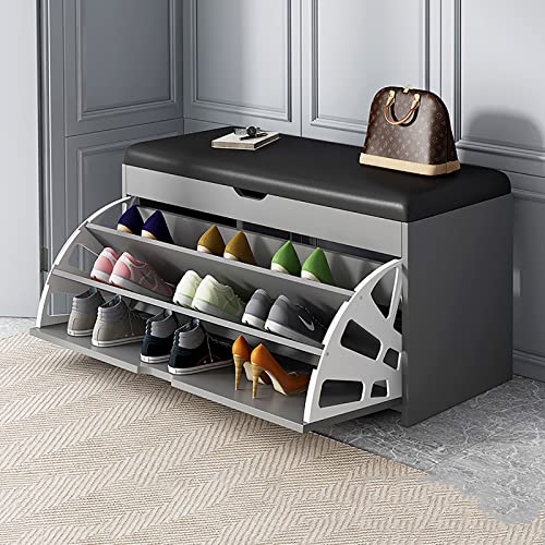 Schuhregalhocker, Schuhregalbank aus Holz mit gepolstertem PU-Sitz, 3 Klappschubladen und Schubladenversteller für Eingangsbereich und Flur Schuhregalhocker, Schuhregalbank aus Holz mit gepolstertem PU-Sitz, 3 Klappschubladen und Schubladenversteller für Eingangsbereich und Flur von Generic