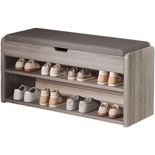 Schuhregalhocker, Vintage-Schuhbank im Landhausstil mit 2-stufigem Schuhregal aus Holz und gepolstertem Kissen, Schuhhocker-Aufbewahrungsbank für den Eingangsbereich mit Platz auf der Klappp von Generic