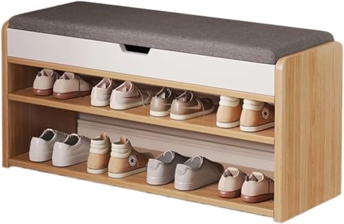 Schuhregalhocker, Vintage-Schuhbank im Landhausstil mit Klappdeckel und gepolstertem Kissen, 2-stufige Schuhregalbank aus Holz für den Eingangsbereich von Generic
