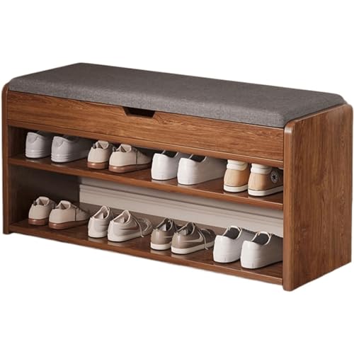 Schuhregalhocker, Vintage-Schuhbank im Landhausstil mit gepolstertem Kissen und Klappdeckel, Schuhregal aus Holz, Eingangsbank mit 2-stufigem Schuhhockerregal von Generic