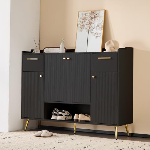 Schuhschrank mit 2 Schubladen 4 Türen Kommode Metallfüße Sideboard 130x37x100 cm für Wohnzimmer Schlafzimmer Flur Eingang Schuhkipper Unterschrank Schwarz von Generic