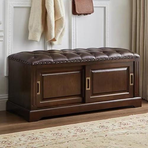 Schuhschrank mit Sitzbank Geschlossen Holz PU Gepolstertem Kissen Schuhbank mit 2 Schiebetüren Schuhregal Multifunktional Bettbank für Eingang, Wohnzimmer, Flur(Brown,39.37in/100cm) von Generic