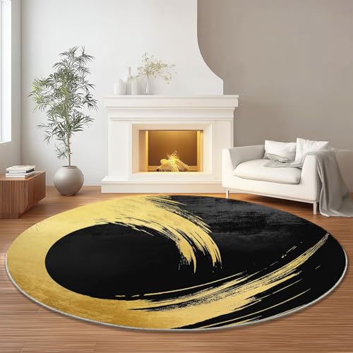 Schwarz Gold Runder Teppich rutschfest Maschinenwaschbar Nicht Leicht zu Verblassen, Japanisch Abstrakt Illustration Flanell Kurzflor Weich Runder Teppich, Ø 90 cm Rund Teppiche für Studie von Generic