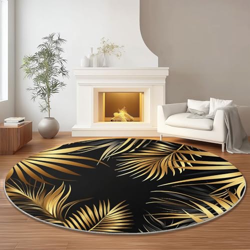 Schwarz Gold Runder Teppich rutschfest Maschinenwaschbar Nicht Leicht zu Verblassen, Pflanzen Illustration Palmblätter Flanell Kurzflor Weich Runder Teppich, Ø 245 cm Rund Teppiche für Studie Schwarz Gold Runder Teppich rutschfest Maschinenwaschbar Nicht Leicht zu Verblassen, Pflanzen Illustration Palmblätter Flanell Kurzflor Weich Runder Teppich, Ø 245 cm Rund Teppiche für Studie von Generic