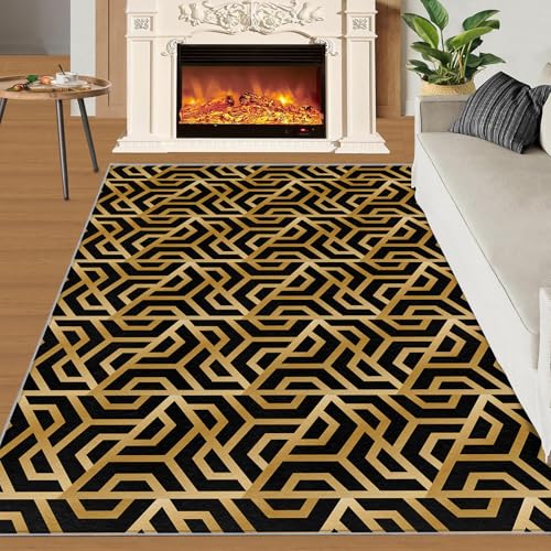 Schwarz-Goldener geometrischer Teppich mit unregelmäßigen Streifen, Moderne, einfache Linien, Wohnzimmerteppich, Rutschfester Abstrakter Teppich für Schlafzimmer, Badematte, Balkon 160x220 cm von Generic