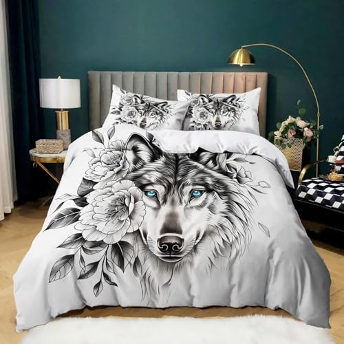 Schwarz Und Weiß Bettbezug Set Wolfskopf & Pfingstrose Druckkunst Thema Design Pflegeleichte weiche und gemütliche Bettwäsche mit 2 Kissenbezügen, 135 x 200 cm atmungsaktiver waschbarer Bettbezug Schwarz Und Weiß Bettbezug Set Wolfskopf & Pfingstrose Druckkunst Thema Design Pflegeleichte weiche und gemütliche Bettwäsche mit 2 Kissenbezügen, 135 x 200 cm atmungsaktiver waschbarer Bettbezug von Generic