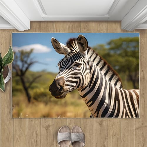 Schwarz-Weißes Zebra Teppich Grüne Graslandlandschaft Kleine Teppiche Graslandzebra 50x80 Rug Tier Vorleger Rutschfester Teppich Für Stark Frequentierte Bereiche von BEQUTIY