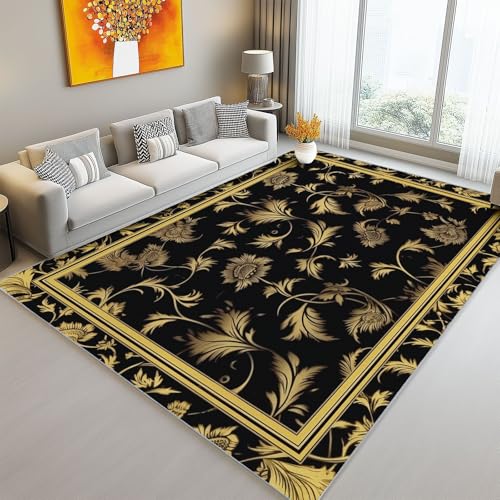 Schwarz und Gold Bedruckter Teppich 100 x 150 cm - Waschbarer Exquisit Ranken Blumen Thema Heimdekoration Flanell Kurzflor Innenbereich Antibakteriell - Ideal für Wohnzimmer, Schlafzimmer, Küche Schwarz und Gold Bedruckter Teppich 100 x 150 cm - Waschbarer Exquisit Ranken Blumen Thema Heimdekoration Flanell Kurzflor Innenbereich Antibakteriell - Ideal für Wohnzimmer, Schlafzimmer, Küche von Generic