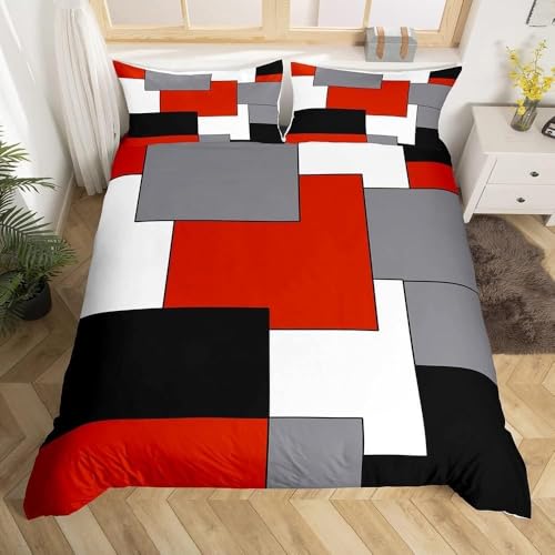 Schwarz und Grau Bettwäsche 180x200 Rot Bettwäsche Set, 3D Bettbezug Set Weich Microfaser Bettbezüge 3 Teilig Geometrie Wendebettwäsche für Doppelbett, mit 2 Kissenbezüge b2446 von Generic