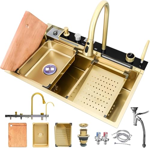 Schwarze Edelstahl-spüle, Wasserfallspüle, Einzelschüssel-Workstation Multifunktionsspüle, Aufsatz-nanobeschichtungs-barspüle Mit Ausziehbarem Wasserhahn, Siphon, Üb, Gold#2a, 80x45cm Schwarze Edelstahl-spüle, Wasserfallspüle, Einzelschüssel-Workstation Multifunktionsspüle, Aufsatz-nanobeschichtungs-barspüle Mit Ausziehbarem Wasserhahn, Siphon, Üb, Gold#2a, 80x45cm von Generic