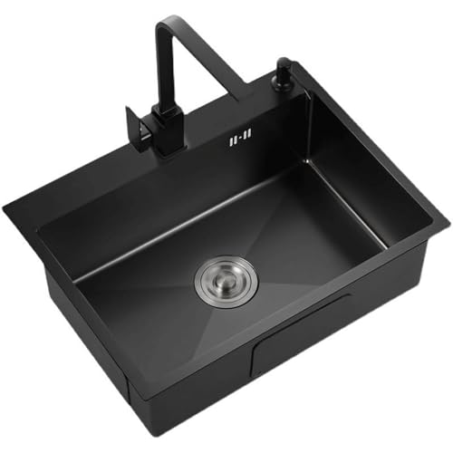Schwarze Einbau-Küchenspüle Edelstahl-Einbauspüle Spülbecken 1 Becken Mit Wasserhahn/Ablaufkorb for Küche, Bad, Hotel(65 * 45cm/26 * 18in) von Generic