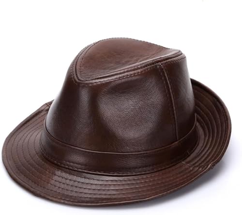 Schwarze Fedoras Hüte Männer Echtes Leder Retro Jazz Caps Gentleman Echtleder Luxus Klassischer Filz Trilby Hut, Dark Brown, XXL(59-60CM) von Generic