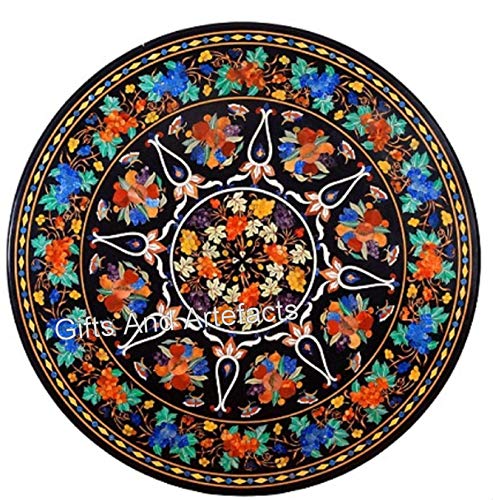 Schwarze Marmor Esstisch Tischplatte Multi Precious Stone Inlay Work Restaurant Tischplatte in luxuriöser Optik 112 x 112 cm von Generic