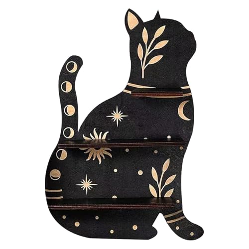 Schwarzer Katzenkristallregal - Holzwandanzeige, süßer Kristallorganisator | Stylisches Wandregal für Kristalle, Steine, kleine Pflanzen, ätherische Öle, ästhetische Heimdekoration, Hexenzimmerdekorat von Generic