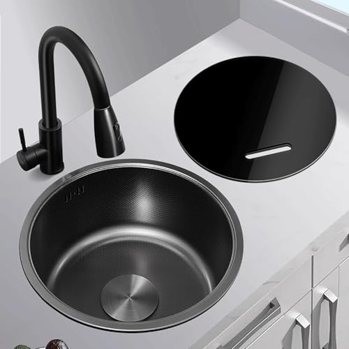 Schwarzer runder Wohnmobil-Spülbecken Kleiner Küchenspülbecken 1 Becken 304 Edelstahl Einbau- oder Unterbau-Spülbecken Mit Zubehör(C,34cm/13.4in) von Generic
