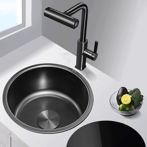 Schwarzer runder Wohnmobil-Spülbecken Kleiner Küchenspülbecken 1 Becken 304 Edelstahl Einbau- oder Unterbau-Spülbecken Mit Zubehör(D,36cm/14.2in) von Generic