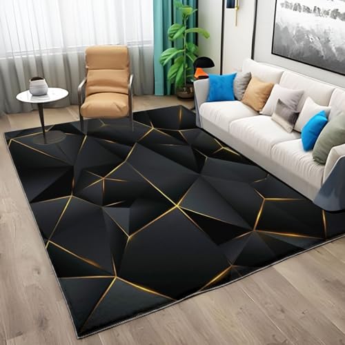 Schwarzes Gold Teppich Wohnzimmer Schlafzimmer Kurzflor Teppiche 160x230cm, Waschbar in Waschmaschine Weich rutschfest Teppich Geometrische Linien Design Teppich für Küche Esszimmer von Generic