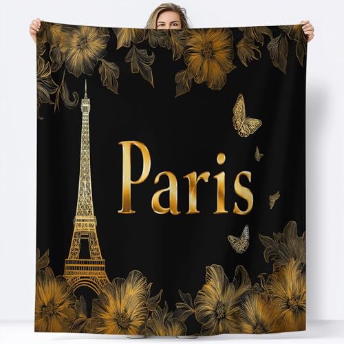 Schwarzgold Kuscheldecke Eiffelturm Blumen Flauschig Decke Fleecedecke, Sofa Überwurfdecke 180 x 200 cm Wohndecke Warm Weich Sherpa Wolldecke - Gemütlicher Überwurf für Bett und Couch von Generic