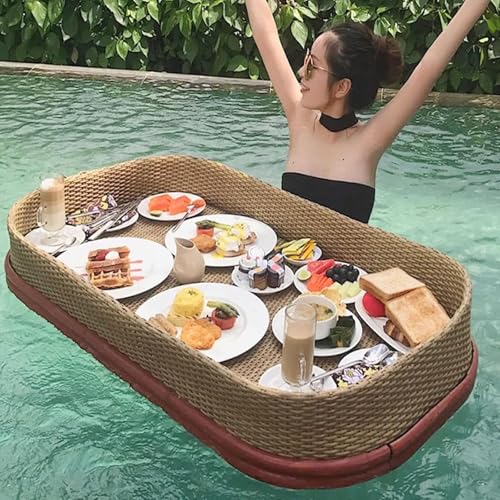 Schwimmendes Tablett aus Rattan, luxuriöses schwimmendes Serviertablett, Pool-Tabletttisch, ovales schwimmendes Essenstablett for den Pool, stilvolles schwimmendes Frühstückstablett(Rectangular) von Generic