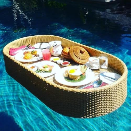 Schwimmendes Tablett – luxuriöses Frühstückstablett aus Holzrattan für Swimmingpool oder Villa – Retro-Wasserschwimmteller für Hotels und Privathaushalte(Beige,Oval) von Generic