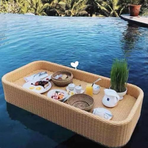 Schwimmendes Tablett – luxuriöses Frühstückstablett aus Holzrattan für Swimmingpool oder Villa – Retro-Wasserschwimmteller für Hotels und Privathaushalte(Beige,Rectangle) von Generic