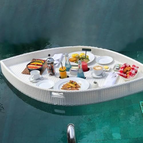 Schwimmendes Tablett – luxuriöses Frühstückstablett aus Holzrattan für Swimmingpool oder Villa – Retro-Wasserschwimmteller für Hotels und Privathaushalte(White,Leafshaped) von Generic