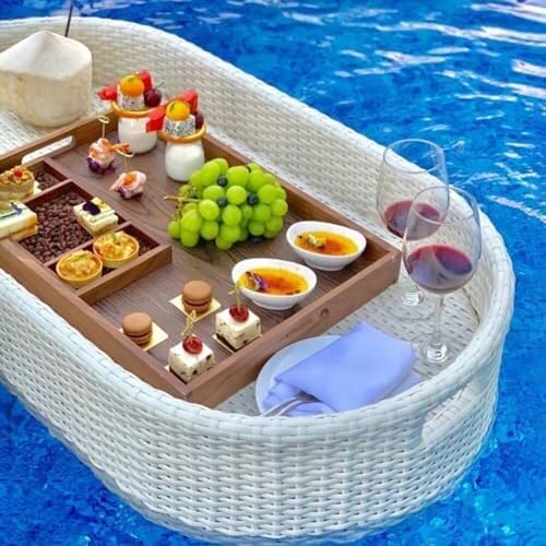 Schwimmendes Tablett – luxuriöses Frühstückstablett aus Holzrattan für Swimmingpool oder Villa – Retro-Wasserschwimmteller für Hotels und Privathaushalte(White,Oval) von Generic