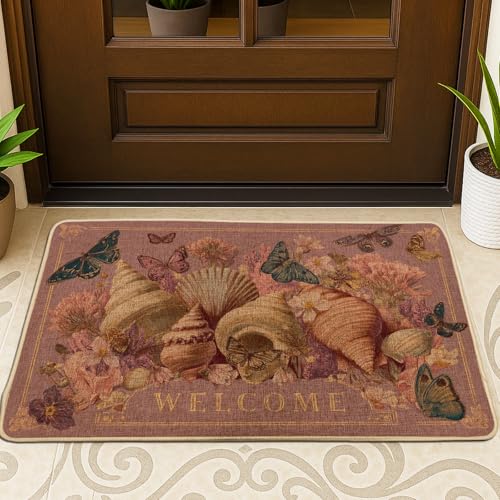Seashell Welcome Fußmatte, Küstenstrand-Fußmatte mit Schmetterlingen für Innen- und Außenbereich, florales Design, rutschfest, leicht zu reinigen, 73 x 43 cm von Generic