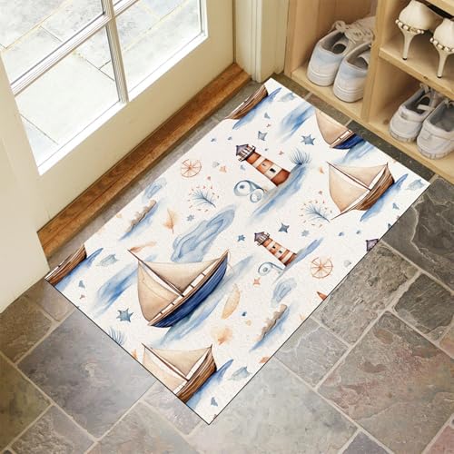 Segelboot-Leuchtturm Fussmatte Innen 40 X 60 cm, Schlanke rutschfeste Fußmatte Für Den Innenbereich, Nautisches Thema Fußmatte, Absorbiert Wasser Schmutzfangmatte, Weiß Weich Und Bequem von Generic