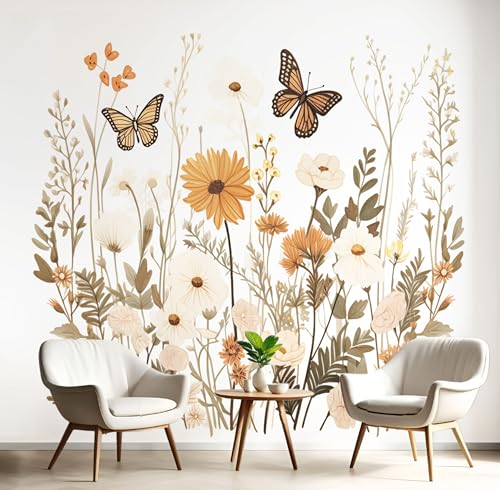 Selbstklebende Tapete Blumen, Schmetterlinge – Abnehmbare Wandtapete Für Wohnzimmer Schlafzimmer, Dauerhaft, Handgezeichnete Wildblumen Wanddeko 450X315Cm Seidentapete - Hellbraun von Generic