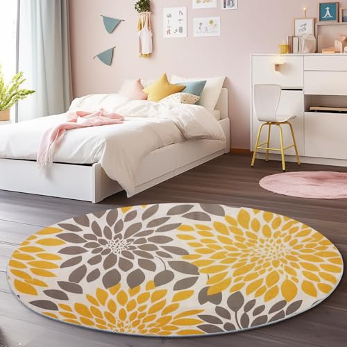 Senfgelb Grau Runder Teppich 100 cm, Weich Kurzflor Rutschfester Abstrakt Handgemalt Blumen Bedruckter Waschbar Runder Teppich - für Schlafzimmer Flur Wohnzimmer Couchtisch Senfgelb Grau Runder Teppich 100 cm, Weich Kurzflor Rutschfester Abstrakt Handgemalt Blumen Bedruckter Waschbar Runder Teppich - für Schlafzimmer Flur Wohnzimmer Couchtisch von Generic