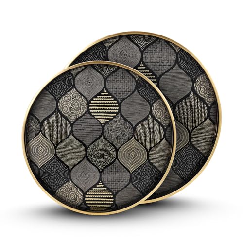 Serviertablett mit Antik-Look & stilvollem Design, dekorative Tabletts mit Griffen für die Küche, rundes Ottoman-Tablett für das Abendessen | Wohnzimmer & Wohnkultur | 2 Stück (Schwarz) von Generic