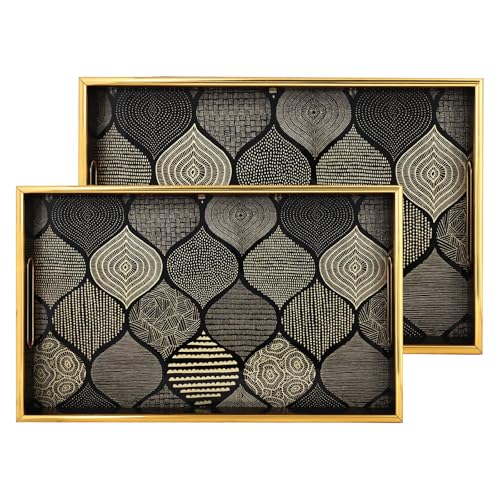 Serviertablett mit antikem Look & stilvollem Design, dekorative Tabletts mit Griffen für Küche, rechteckiges Ottoman-Tablett zum Essen, Wohnzimmer & Heimdekoration, 2 Stück (Schwarz) von Generic