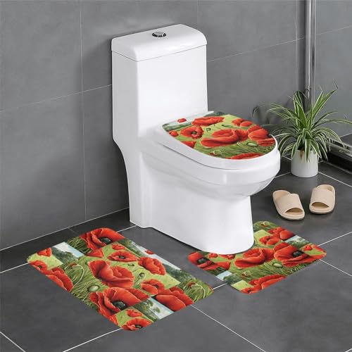 Set 3 Teilig Badvorleger Schöne Rote Mohnblume U-Förmigen Contour Matte Weiche Anti-Rutsch Badezimmer Set, Für Wc-Sitz Bezug, Spa, Badewanne von Generic