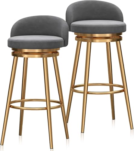 Set Mit 2 Modernen Drehbaren Barhockern Aus Samt Gepolsterter Barstuhl Mit Rückenlehne, Fußstütze Mit Runder Theke Islds Hocker Für Pub Home, Green, Gold von Generic