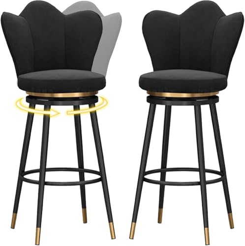 Set of 2 Black 65cm Zähler Höhe Bar Stools 360° Swivel Upholstered Chairs with Backrest & Metal Footrest Modern Kitchen & Dining Seating von Generic