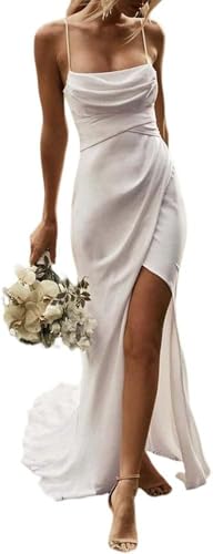 Sexy Lange Meerjungfrau Hochzeitskleid Spaghetti -Träger hoher Schlitzrobe Einfaches Rückenless Hochzeitskleid Strand Hochzeitskleid, Elfenbein, 44 von Generic
