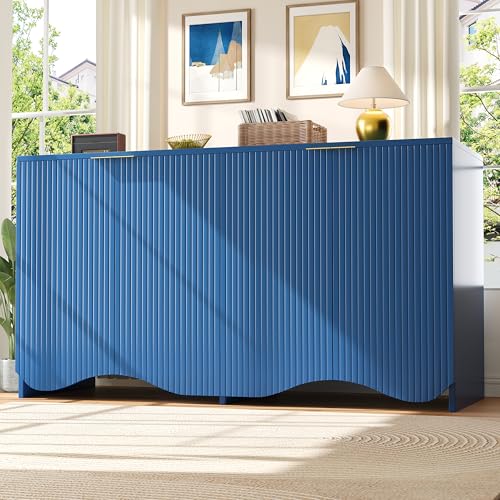 Sideboard 140×40×85cm mit 4 Türen Freistehende Buffetschrank Wellenmuster Anrichte für Wohnzimmer Schlafzimmer Esszimmer Büro Küche Stauschrank Eckschrank Blau von Generic