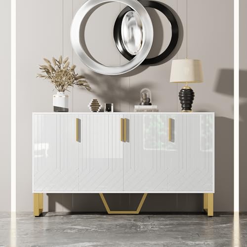 Sideboard Hochglanz Weiß mit 4 Türen, geometrischem 3D-Muster, eleganten Metallgriffen und stabilen Metallbeinen – modernes Kommode-Design für Wohnzimmer, Esszimmer oder Flur, 140x40x80 cm Sideboard Hochglanz Weiß mit 4 Türen, geometrischem 3D-Muster, eleganten Metallgriffen und stabilen Metallbeinen – modernes Kommode-Design für Wohnzimmer, Esszimmer oder Flur, 140x40x80 cm von Generic