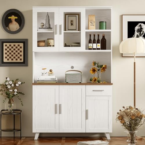 Sideboard Hochschrank mit weißer Holzmaserung, 5 Türen, Schublade und Glasvitrine, rustikales Design mit brauner Ablage, Stauraum und Ausstellungsfläche, ideal für Esszimmer, 114x40x190cm Sideboard Hochschrank mit weißer Holzmaserung, 5 Türen, Schublade und Glasvitrine, rustikales Design mit brauner Ablage, Stauraum und Ausstellungsfläche, ideal für Esszimmer, 114x40x190cm von Generic